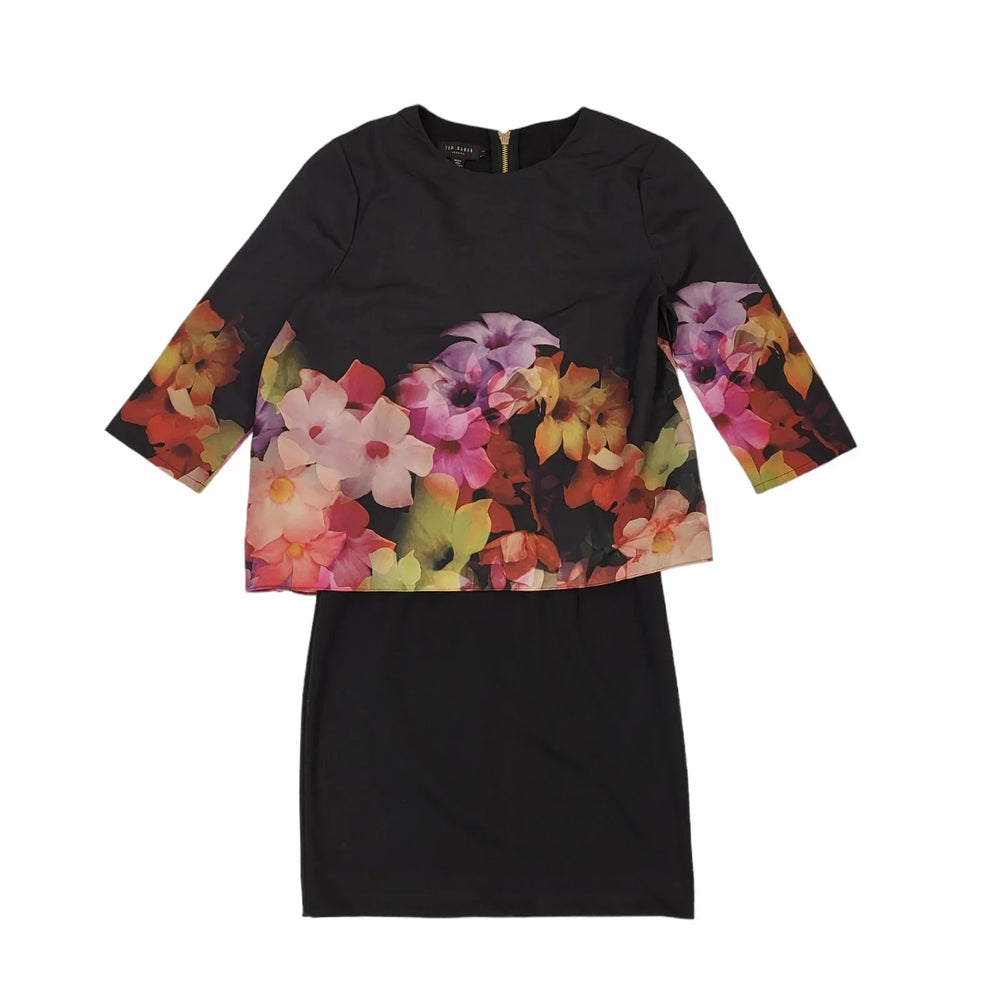 Ted Baker Black Pink 3/4 Sleeve Floral Evening Dress UK Women's S BB357
