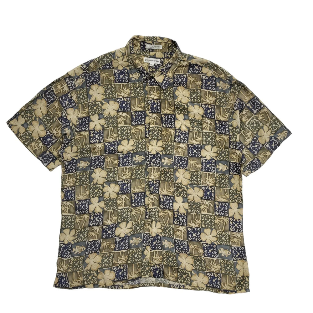 Pierre Cardin 90's Blue & Brown Short Sleeve Retro Shirt Mens UK Size XXL
