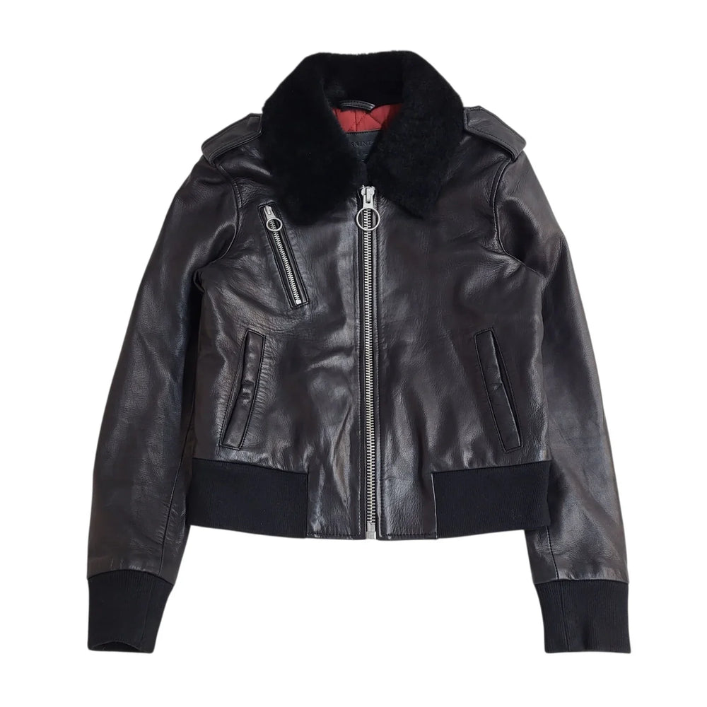 Allsaints Jacket Leather Y2k Dark Brown Zipped Uk Women's Size S