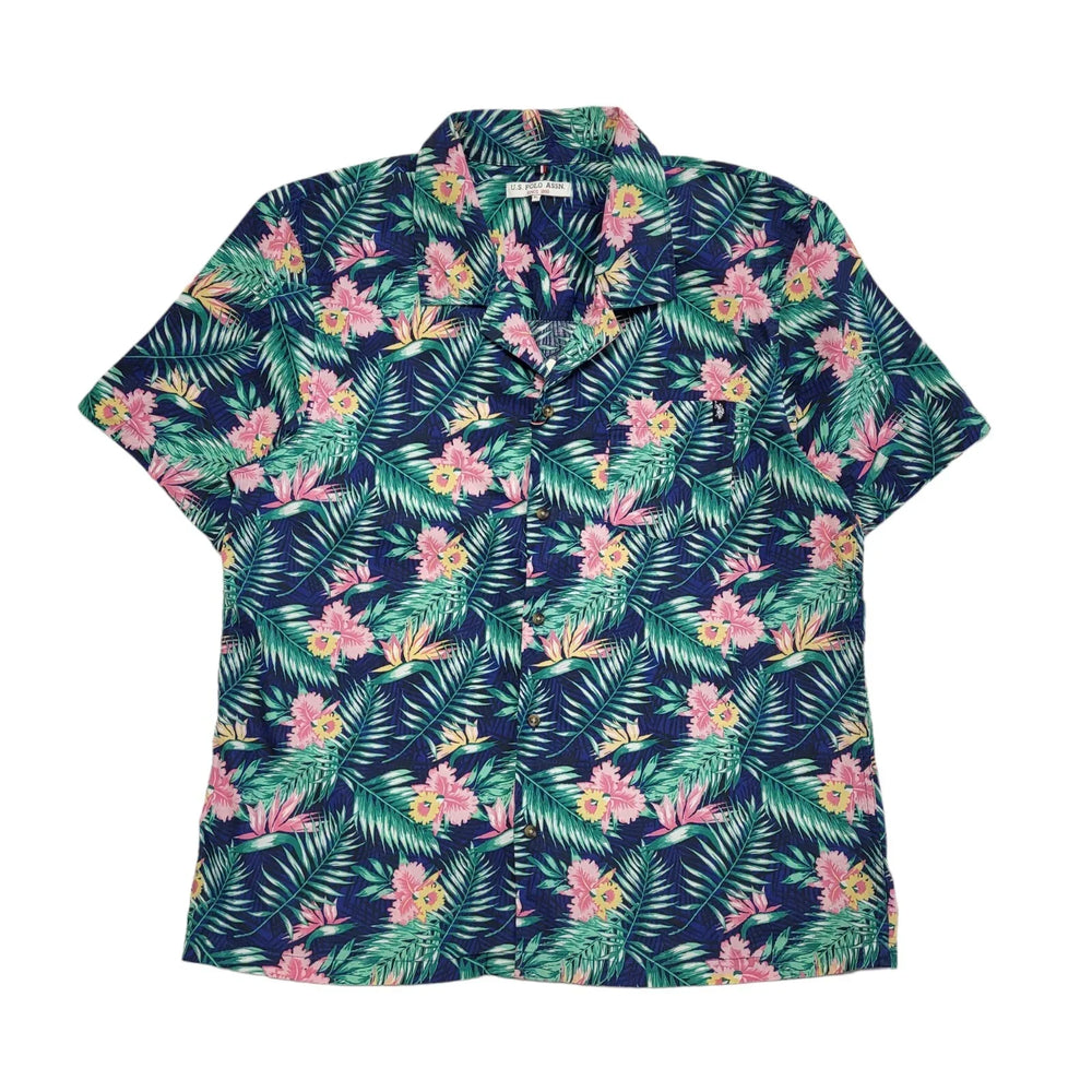 US Polo Assn Blue Pink Floral Short Sleeve Shirt Uk Men's Size XL DD581