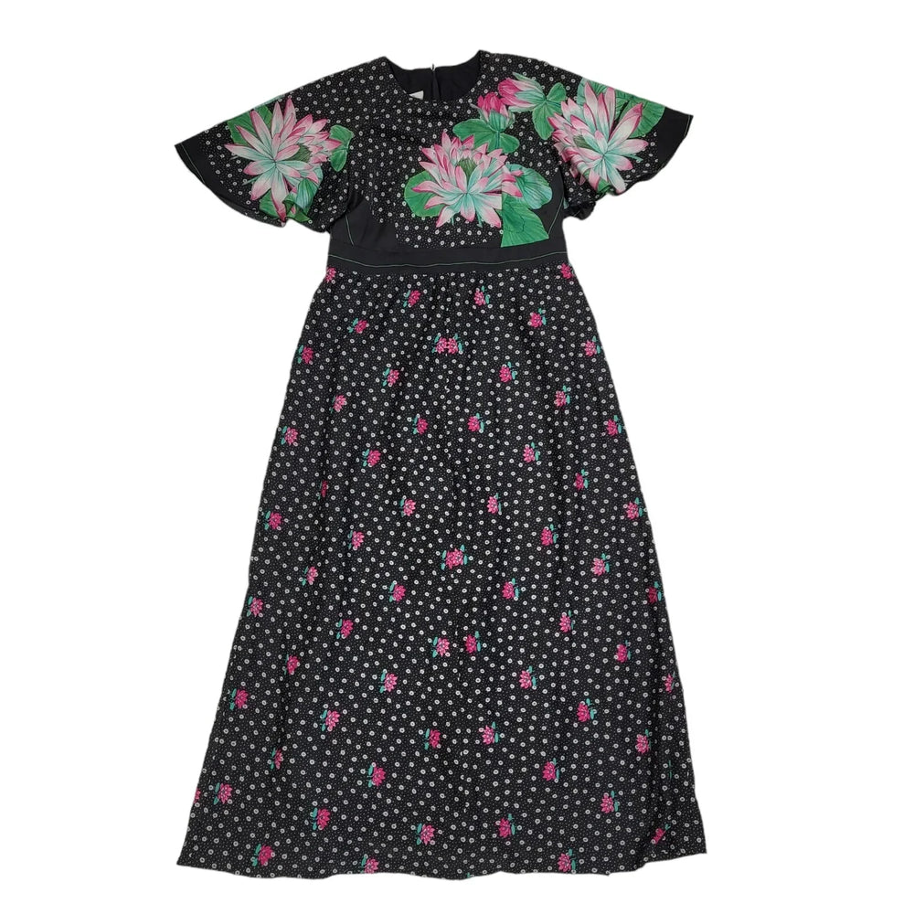 70s Vintage Black & Green Flutter Sleeve Floral Maxi Dress Women's 14