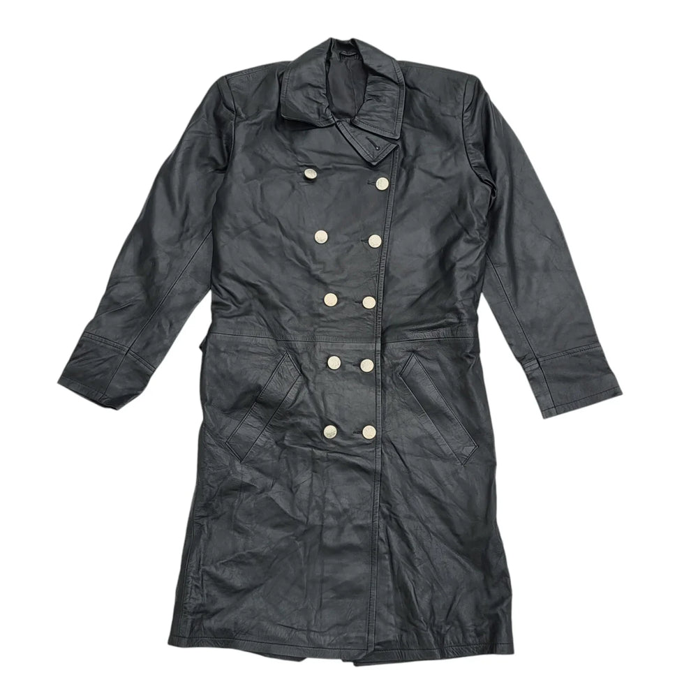Vintage 90s Button Black Leather Coat UK Women's Size 14