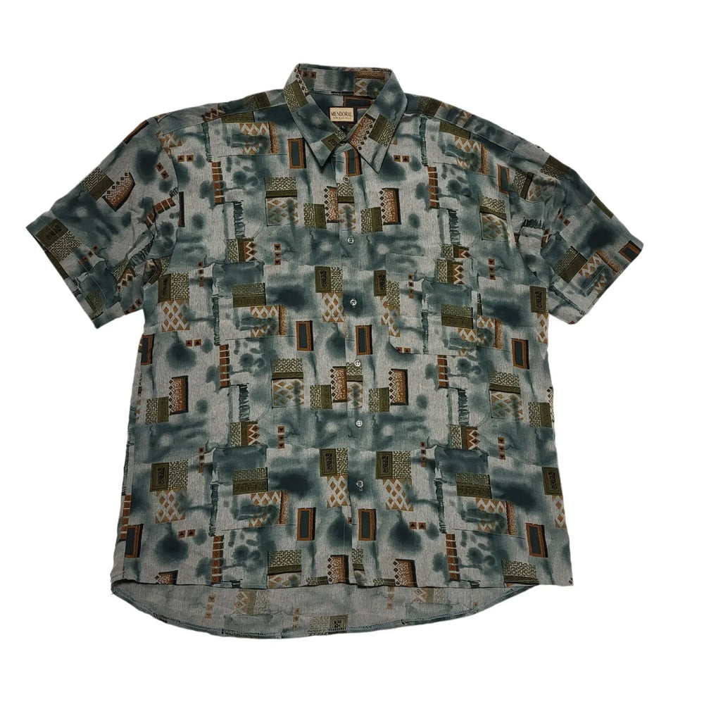 Mendoral 80's Green & Brown Retro Abstract Short Sleeve Shirt Mens UK Size L