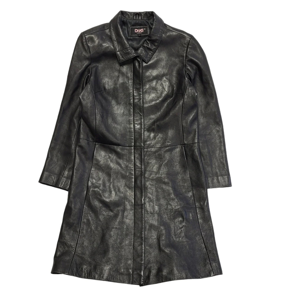 Dig Vintage 90's Long Black Leather Button Up Jacket Women's UK Size L