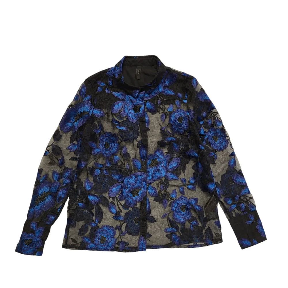 Yas Black & BLue Sheer Floral Long Sleeve Shirt Womens UK M CC780
