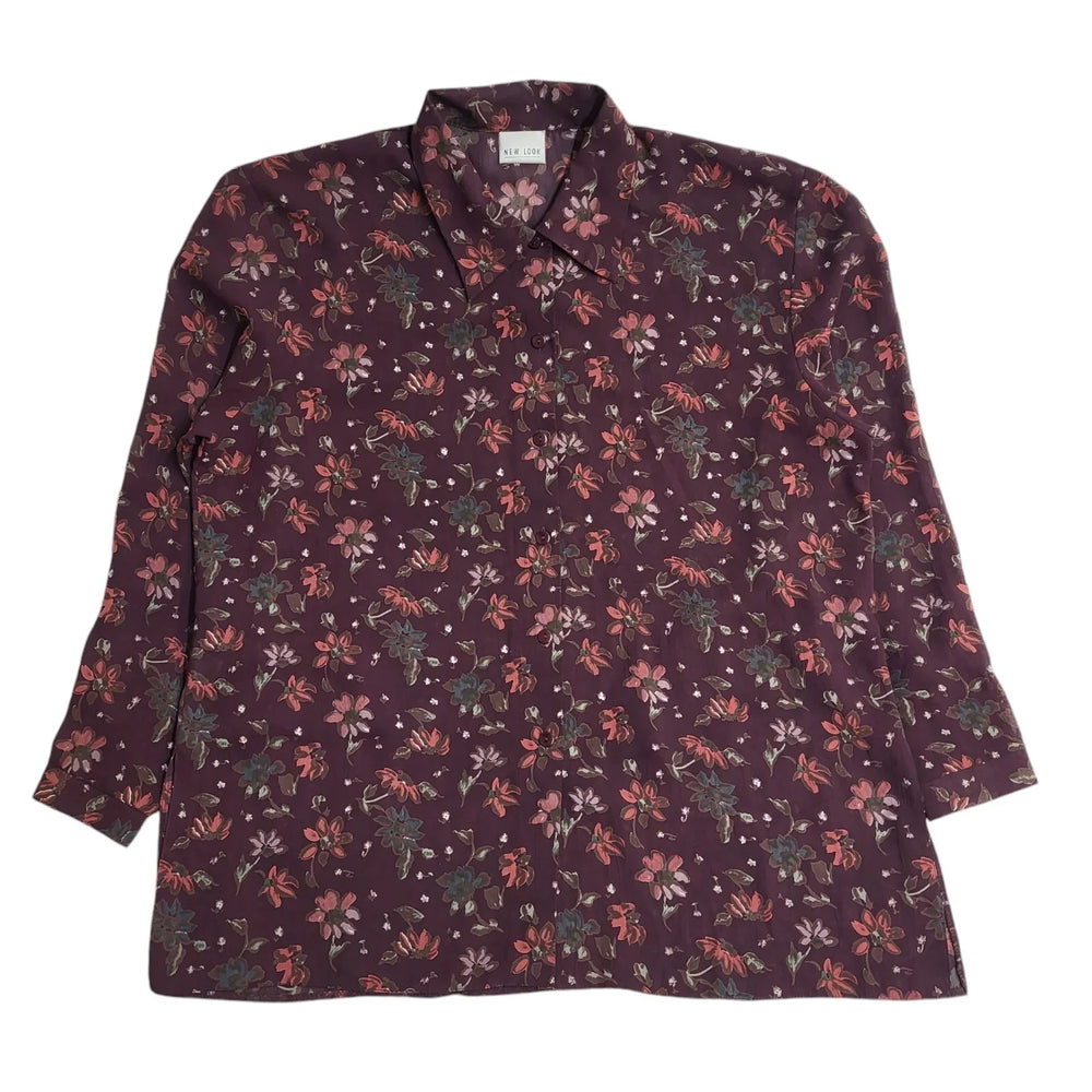 New Look Maroon 90's Long Sleeve Floral Tie Waist Shirt Women's UK Size 16