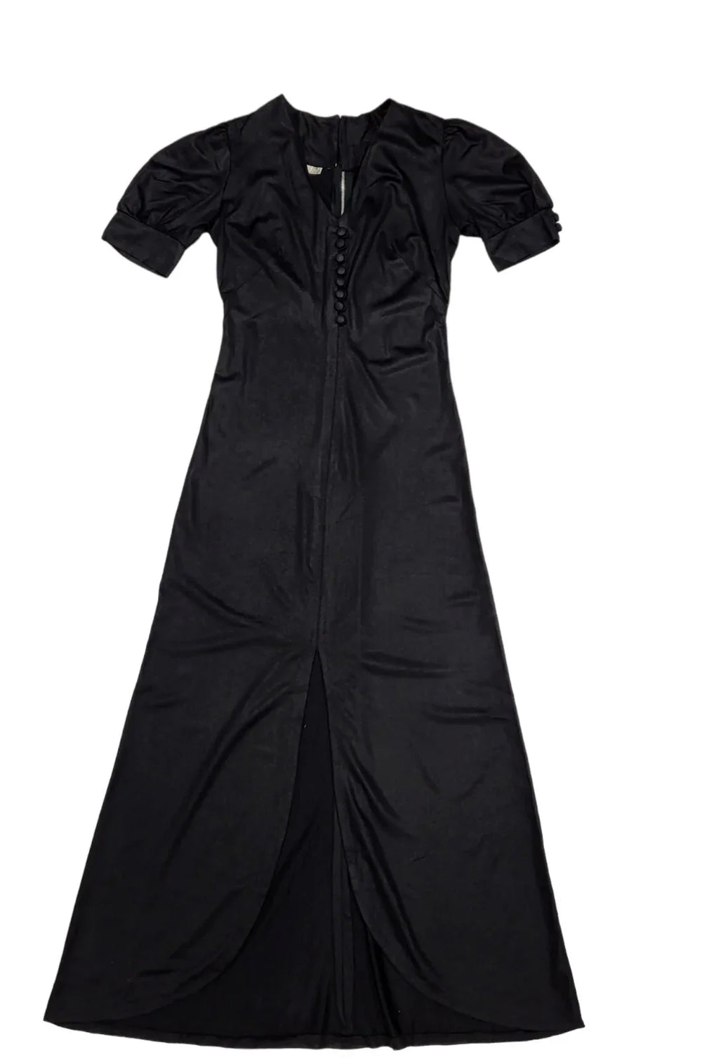 70s Vintage Black V-Neck Button Front Split Maxi Dress Women's Size 8