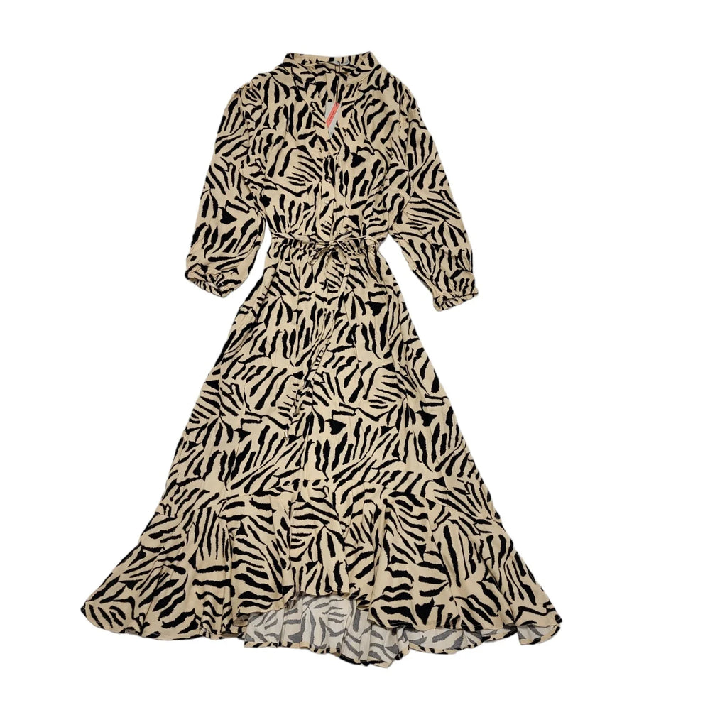Oasis Beige Black Print V-Neck Summer Dress Women's UK S 8 K941