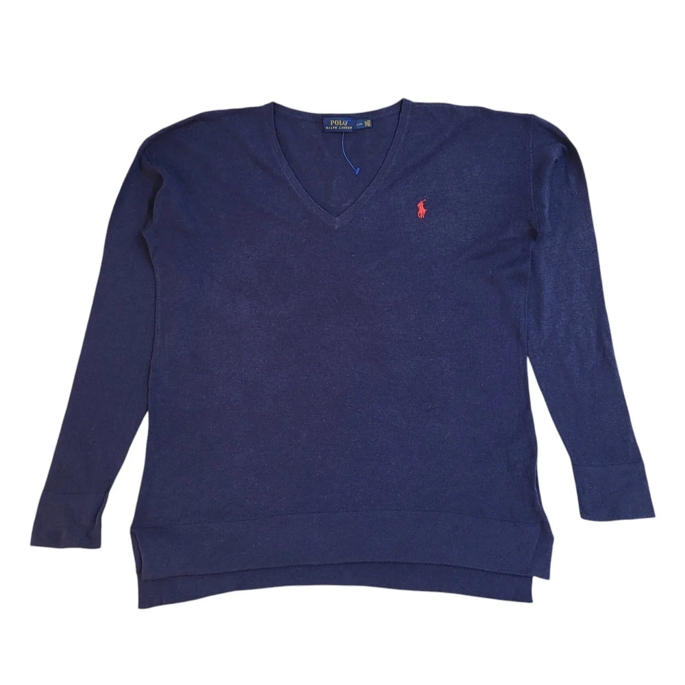 Polo Ralph Lauren Blue Y2K V-Neck Long Sleeve Jumper UK Women's Size L