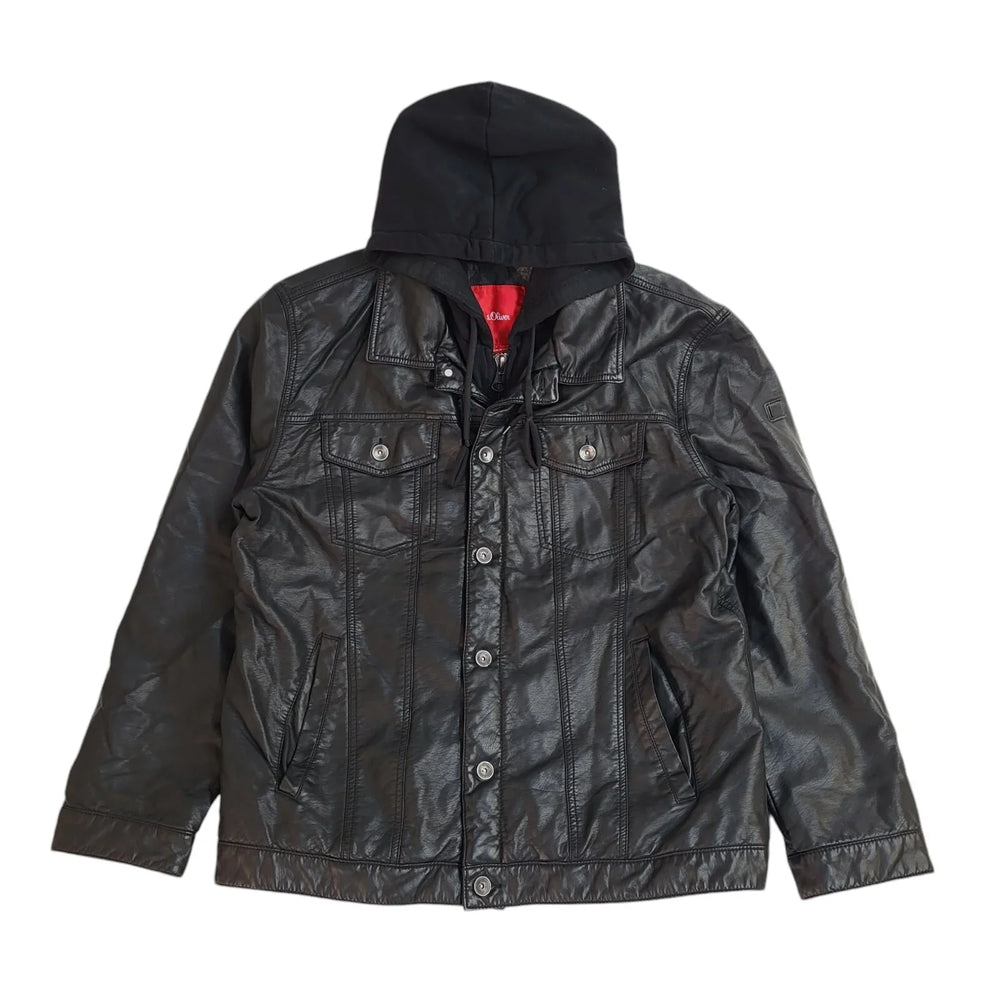 S Oliver Black Button Leather Hooded Casual Coat Uk Men's Size XXL EE511