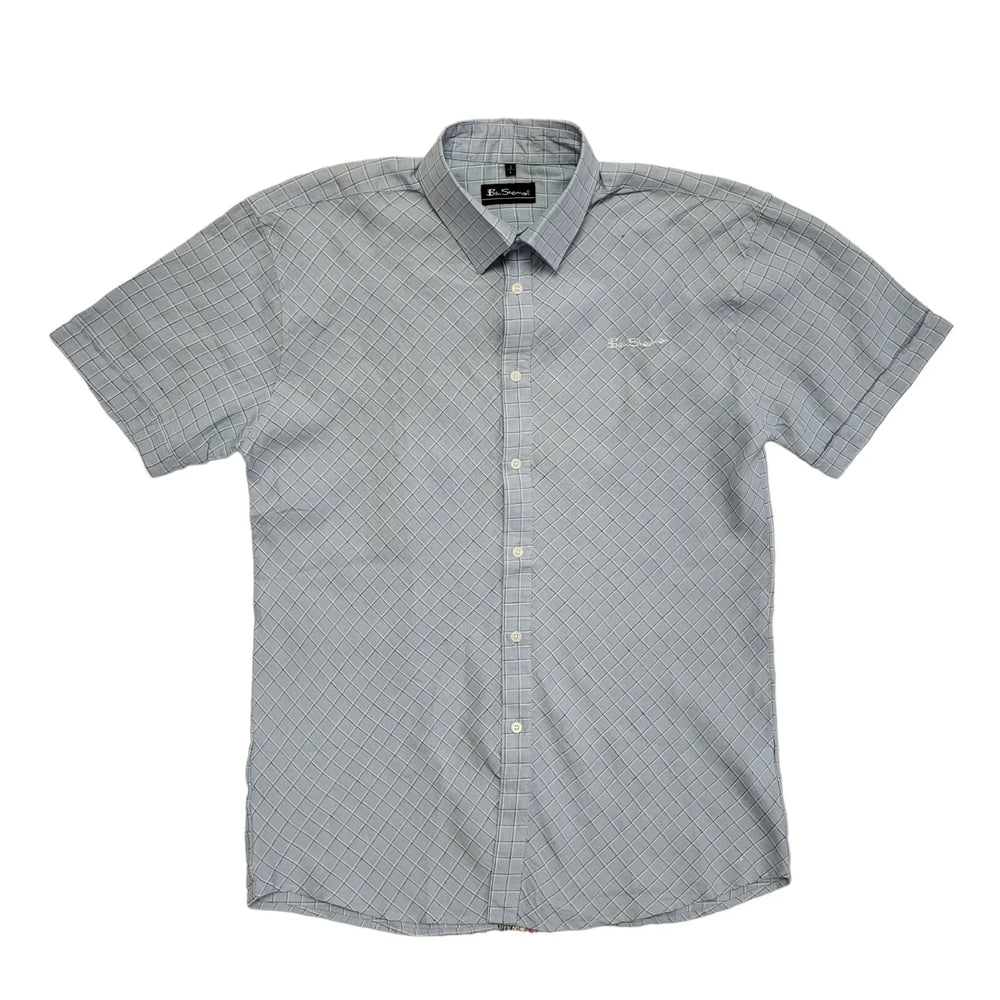 Ben Sherman Blue Checked Short Sleeve Slim Fit Mens UK L DD30