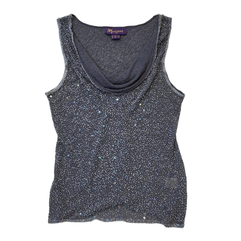 Monsoon 90s Vintage Grey Cowl Neck Beaded Sequin Vest Top Women's UK Size 16
