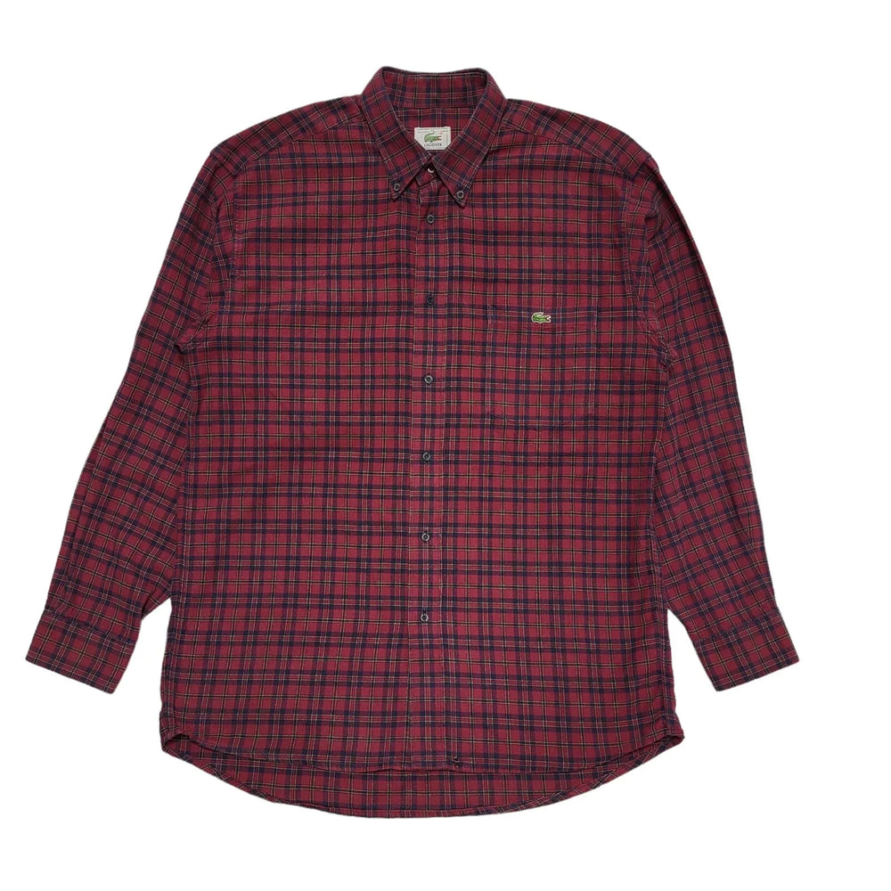 Lacoste Vintage Y2K Burgundy & Blue Checked Long Sleeve Shirt Mens UK Size M