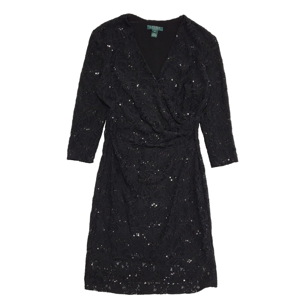 Ralph Lauren Black Long Sleeve Sequin Lace Dress Uk Women's Size 10 L307