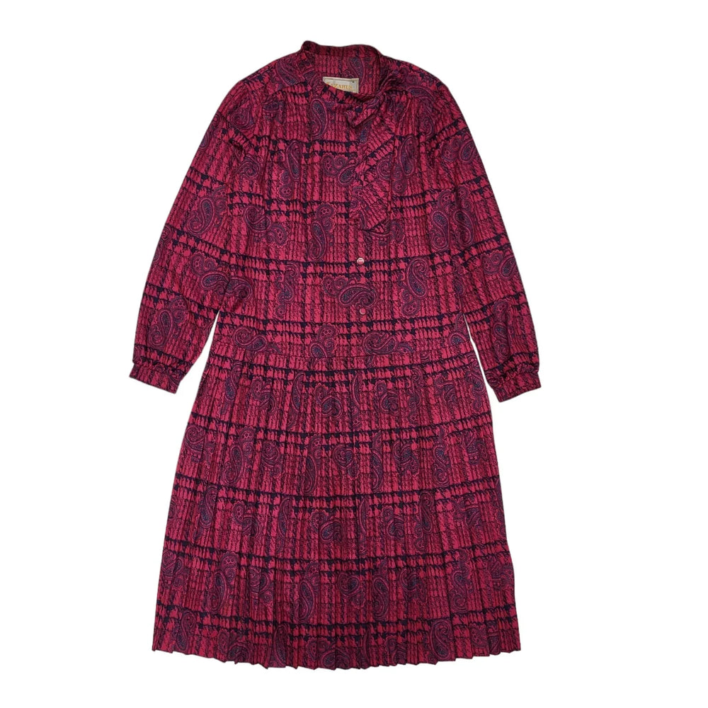Lazarus Of London 80s Vintage Pink Paisley Bow Neck Pleated Dress Women's 16