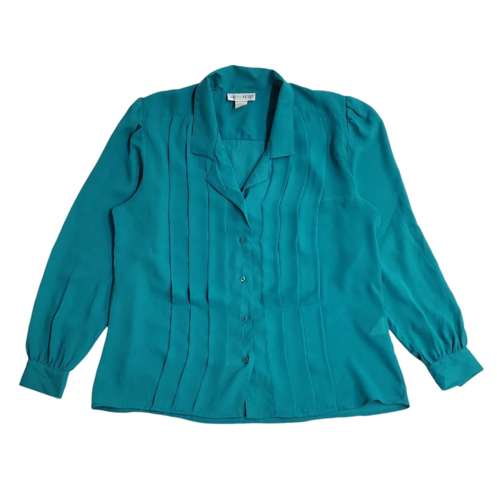 Ship & Shore Teal 90's Long Sleeve Pleated Shirt Women's UK Size 12