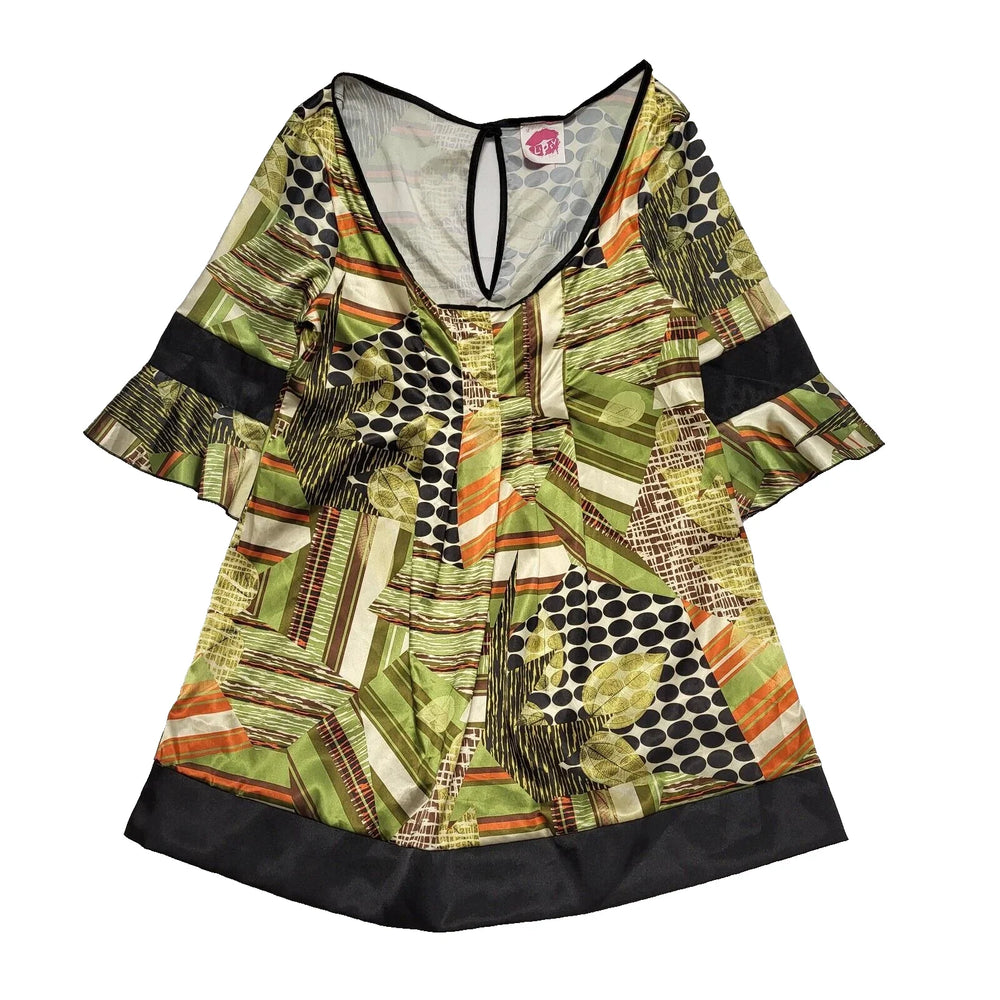 Lipsy Green Mix Abstract 3/4 Sleeve Swing Dress Uk Women's L L72