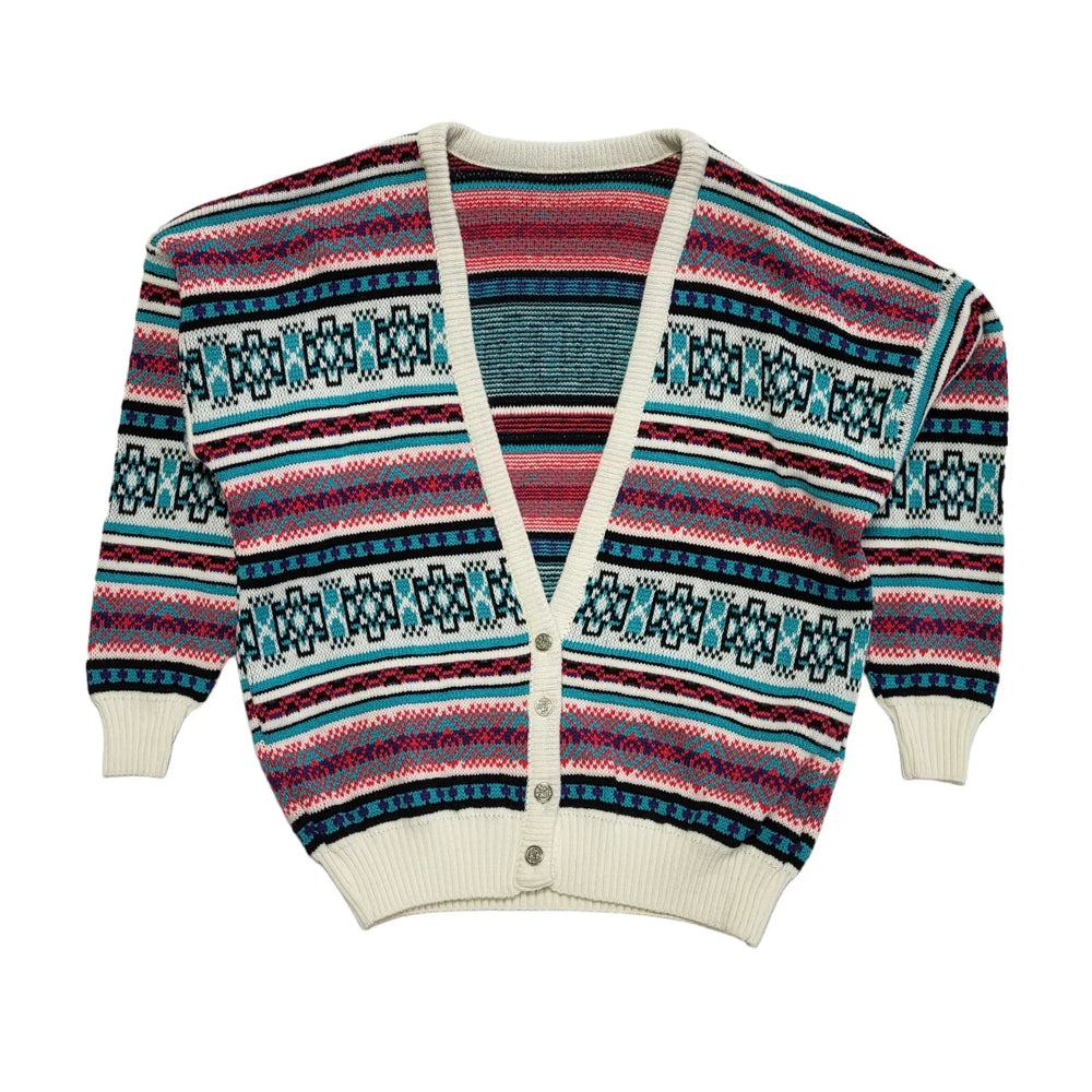 80s Vintage White Pink Blue Button Cardigan Uk Women's Size 14-16