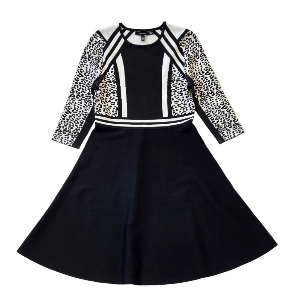 Karen Millen Black White 3/4 Sleeve Round Neck Dress Uk Women's M G610