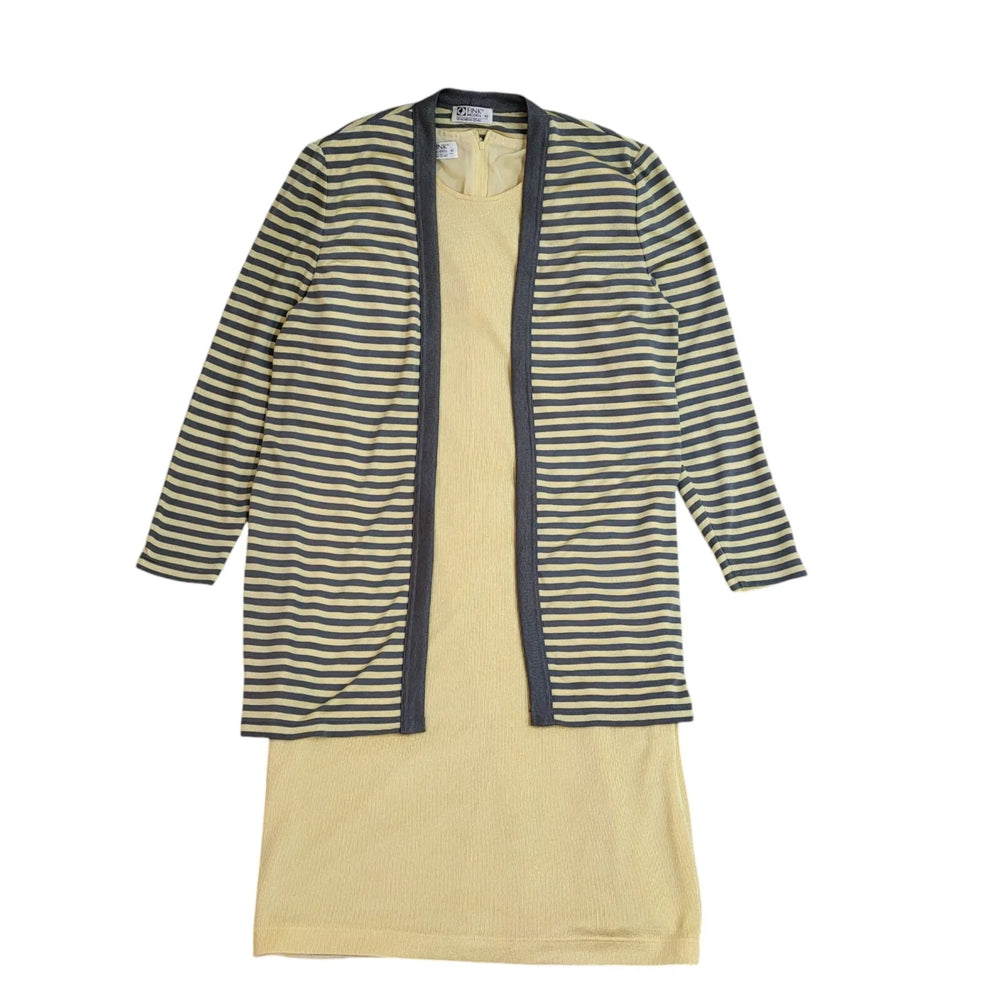 Fink Modell Yellow & Blue Midi Dress & Long Sleeve Cardigan UK Women's Size 14
