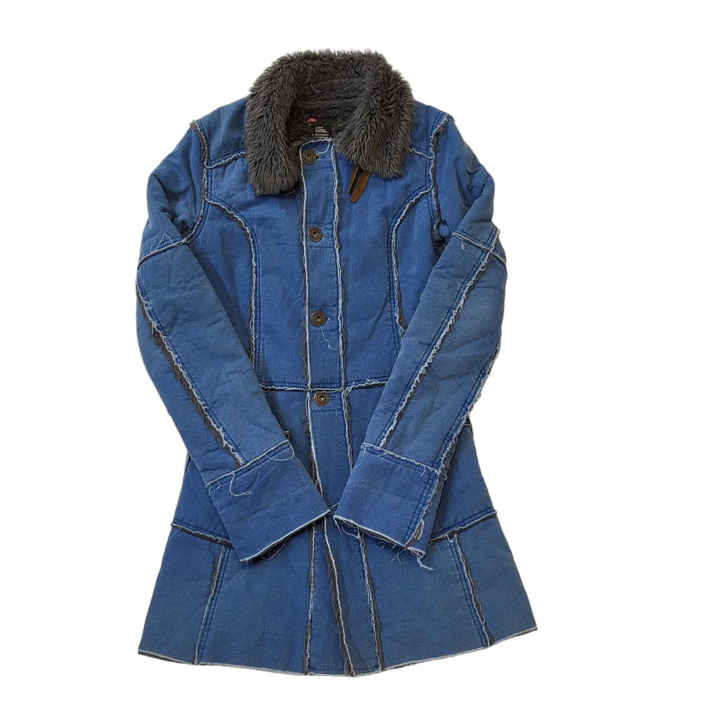 Diesel Y2K Blue Button Up Faux Fur Lined Coat Women's Size Small