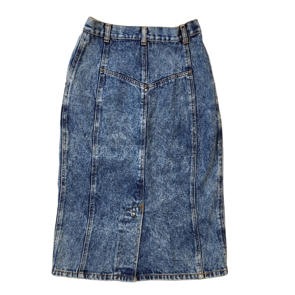 Walker Wear 80s Vintage Blue Acid Wash Midi Denim Skirt Women's Size 8 EU 36 W26