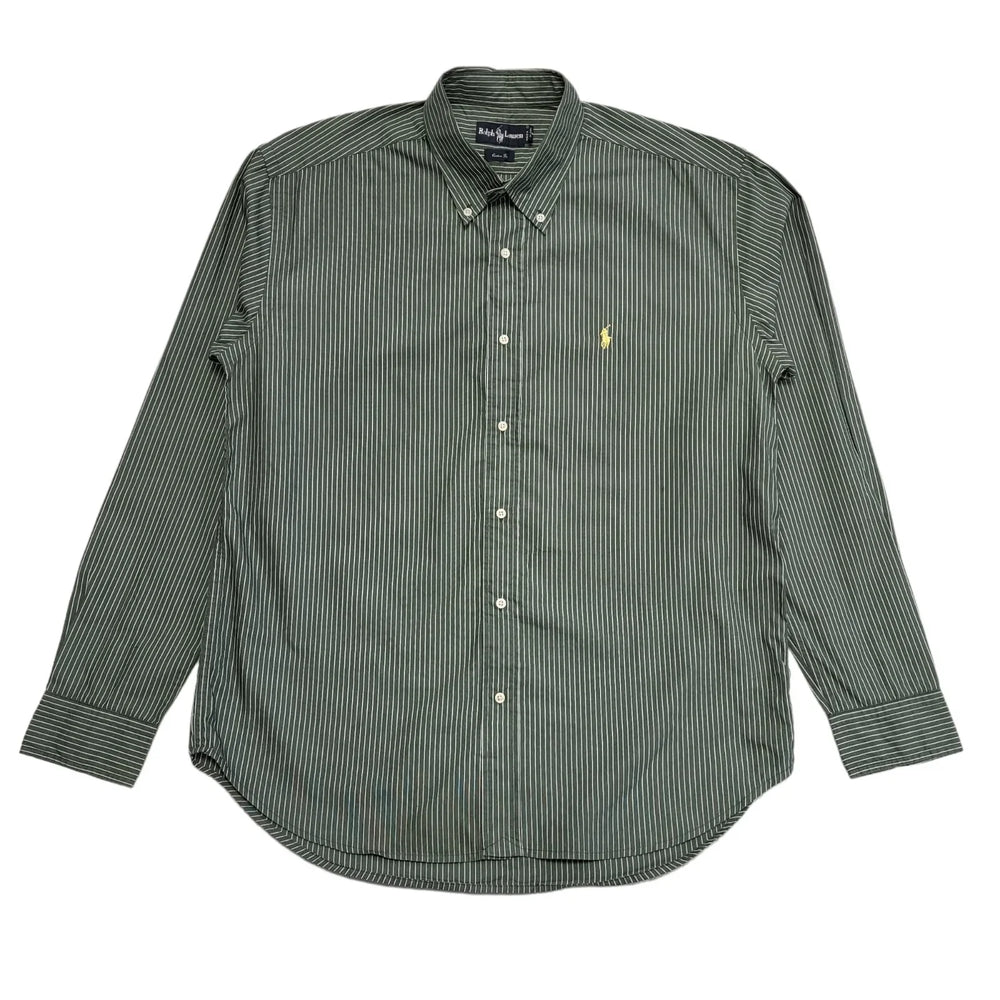 Ralph Lauren 90's Vintage Green Striped Long Sleeve Shirt Mens UK Size XL