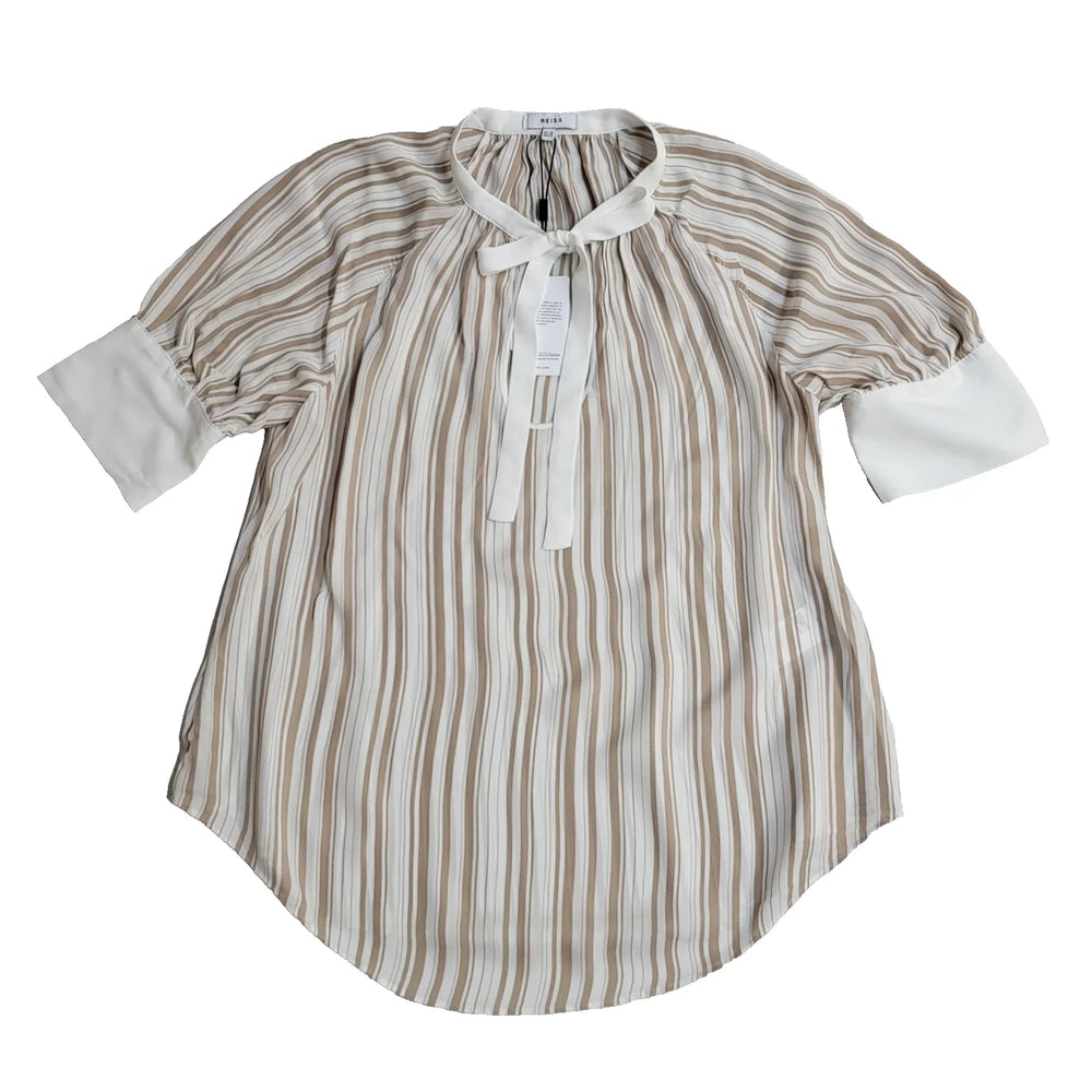 Reiss Blouse Sydney Nude Stripe Puff Top Uk Women's Size M 10 Bnwt L774