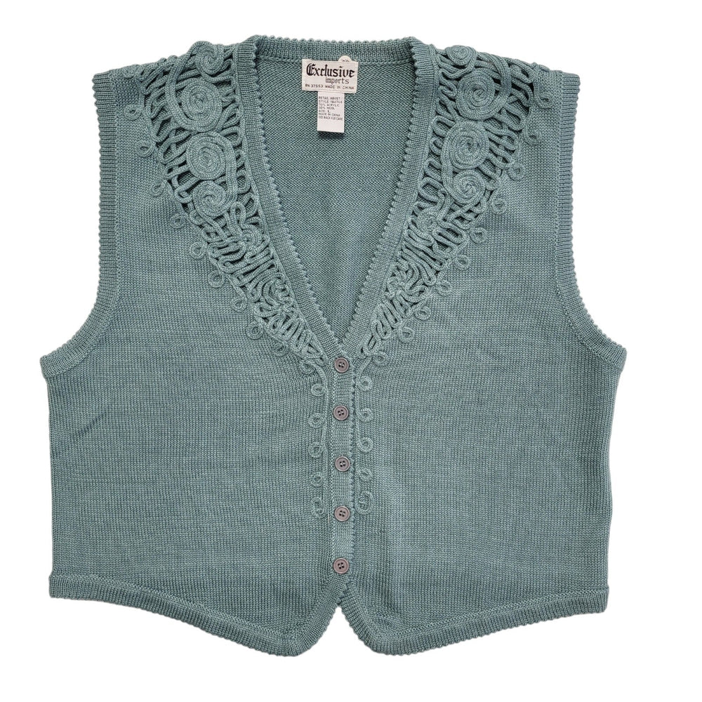 80s Vintage Green Button Sleeveless Knitted Cardigan Uk Women's Size Large