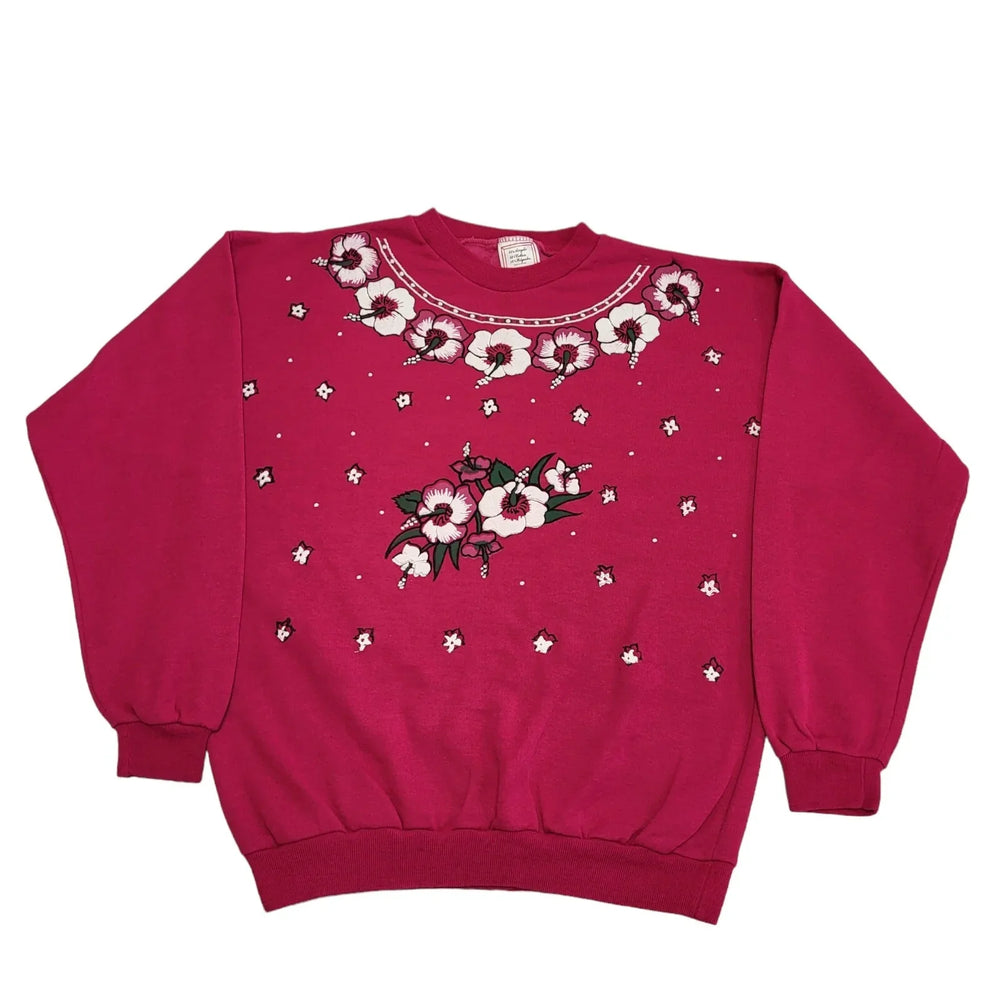 90s Vintage Pink Flower Print Retro Sweatshir Women's Size M