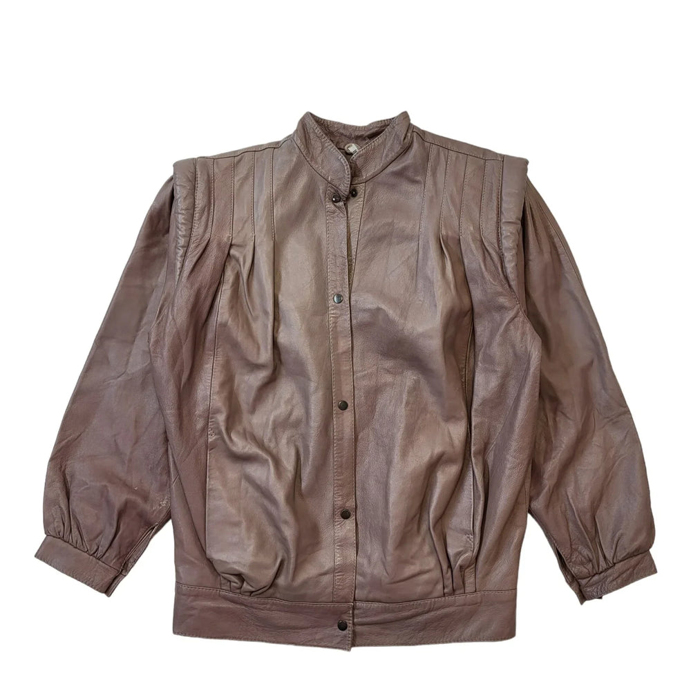 80s Vintage Brown Leather Jacket With Snap Fastenings Women's Size 18