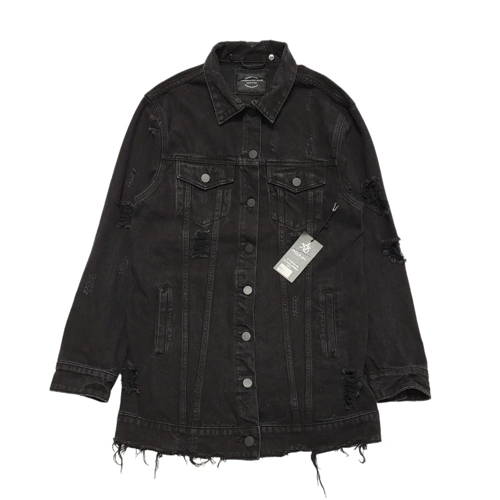 American Bazi Black Denim Coat Uk Women's Size Large Bnwt CC246