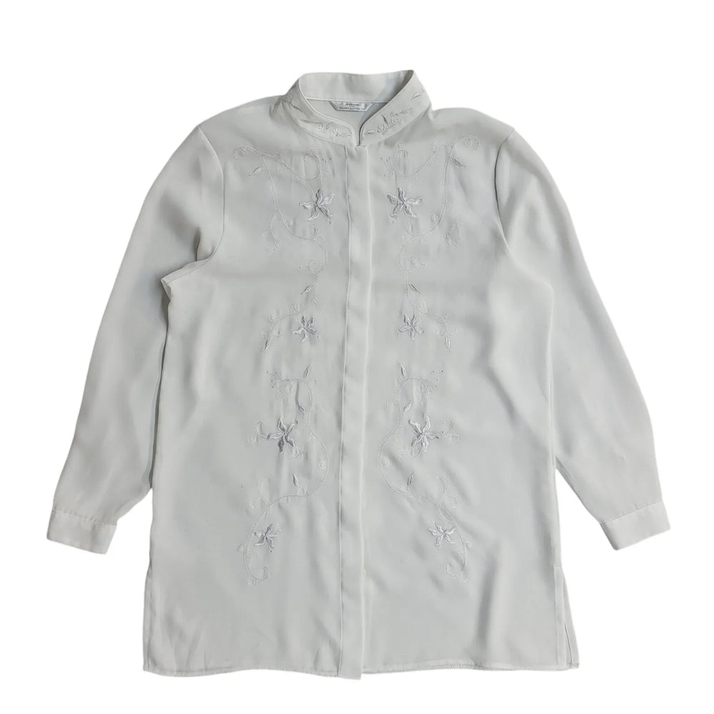 Marks and Spencer White 90's Long Sleeve Floral Embroidered Shirt Women's 14