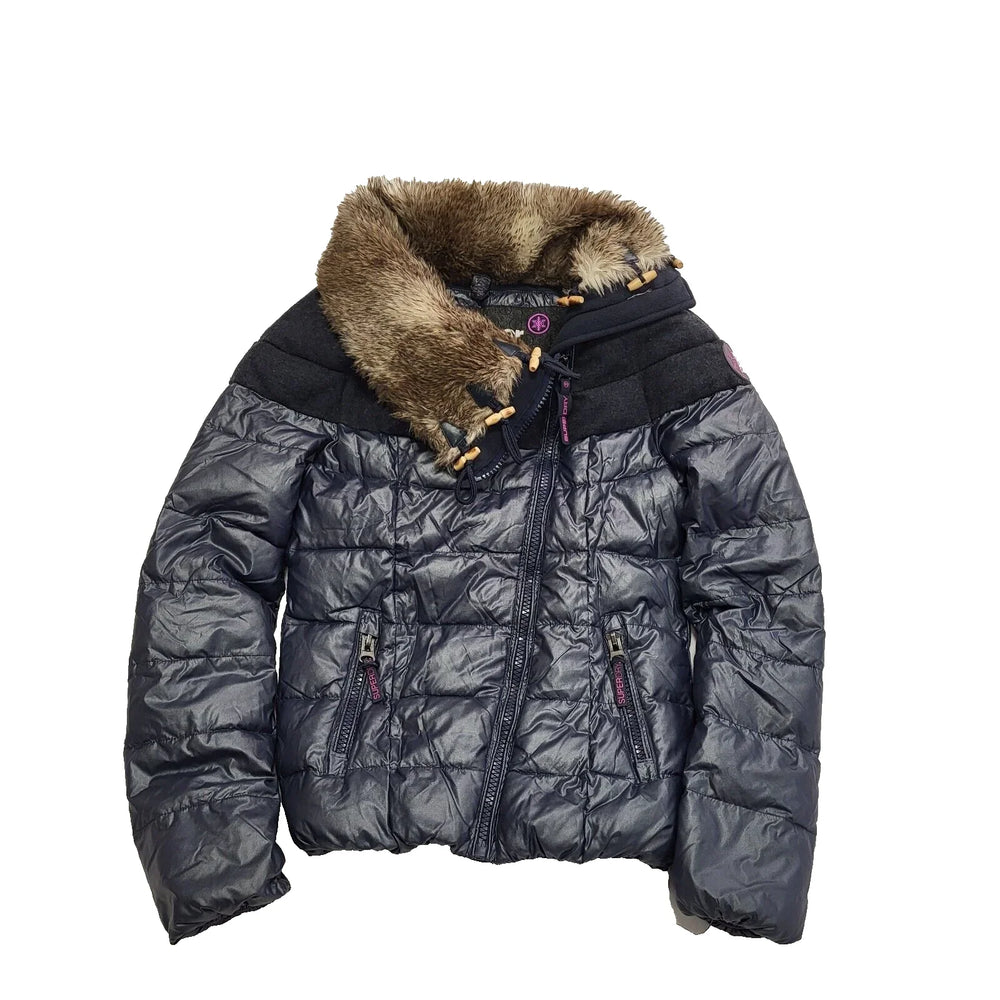 Superdry Blue Zip Fasten Padded Faux Fur Collar Jacket UK Women's Small K373