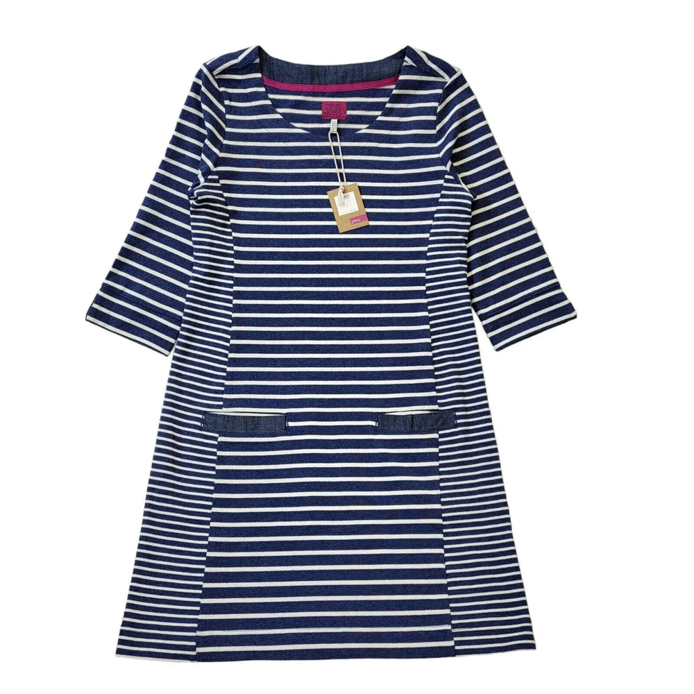 Joules Remy Blue White Striped 3/4 Sleeve Round Neck Dress Uk Women's 12 G612