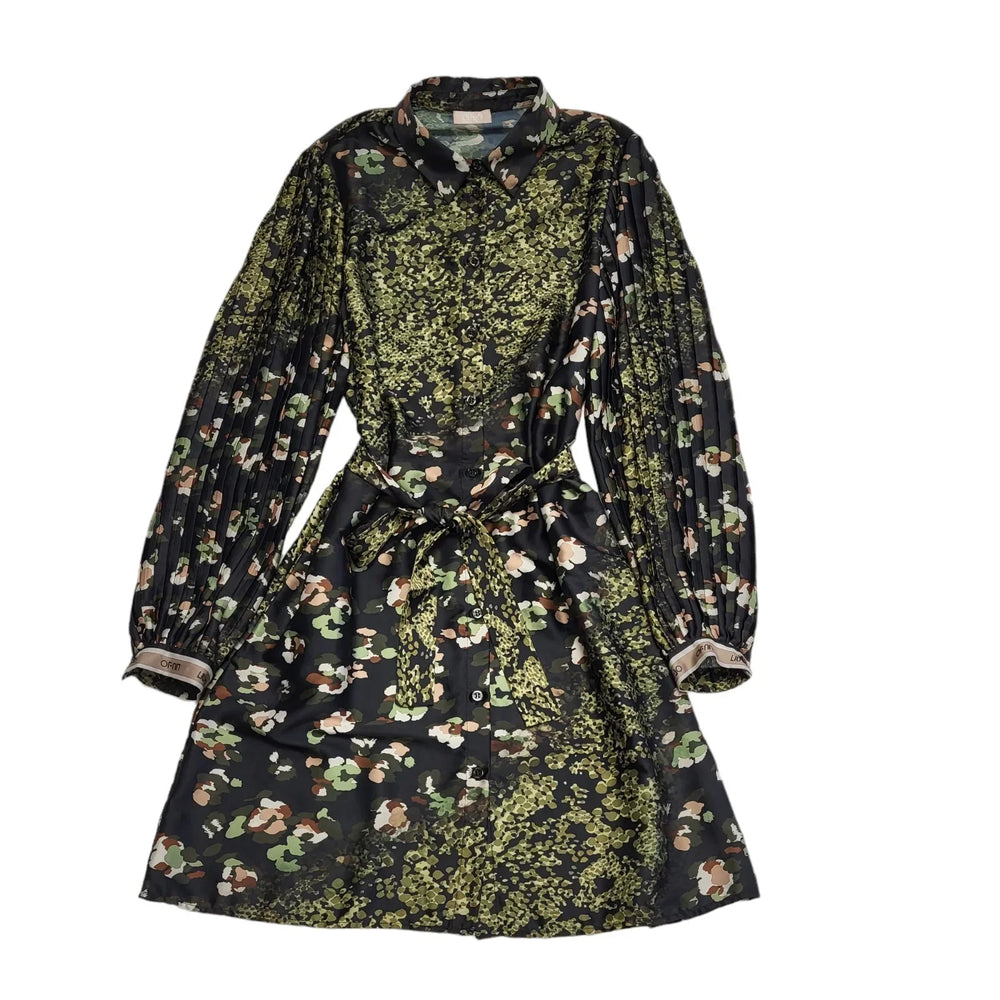 Liu Jo Green Black Floral Long Sleeve Collared Dress Women's UK 8 DD280