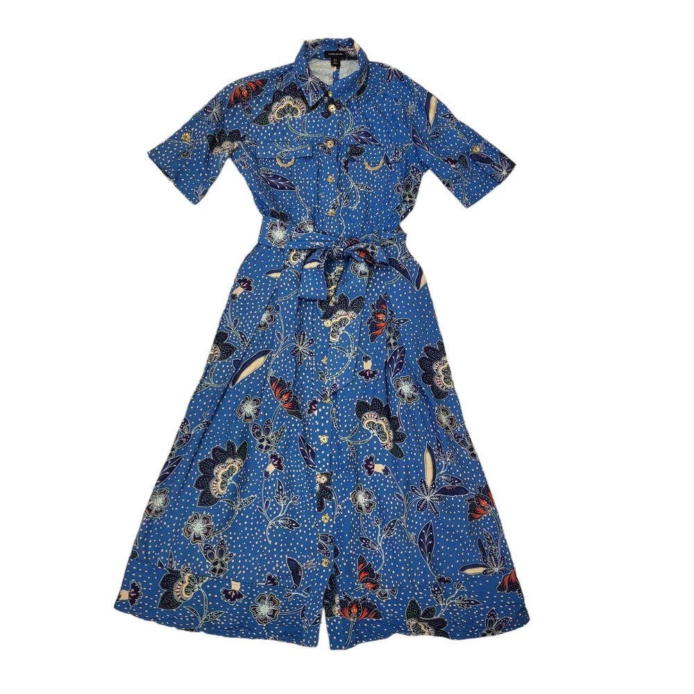 Karen Millen Blue Floral Short Sleeve Shirt Dress Uk Women's Size 8 EE91