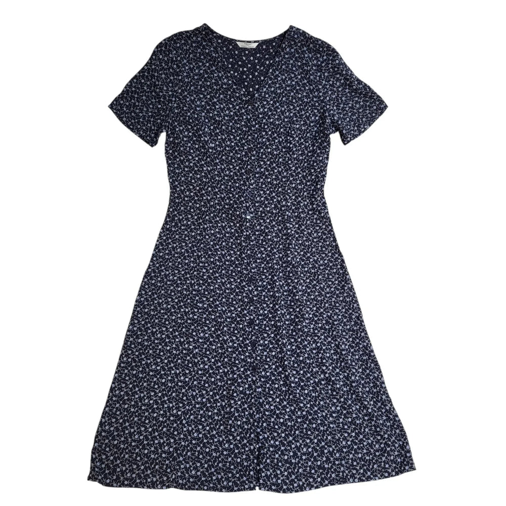 M & S Vintage Dress 90's Navy A-Line Buttoned Midi Dress Womens Uk 14