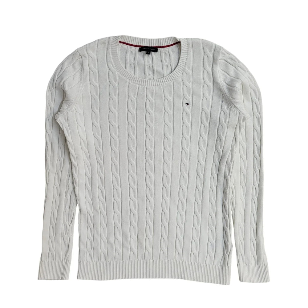 Tommy Hilfiger Y2K White Cable Knit Jumper UK Women's Size M