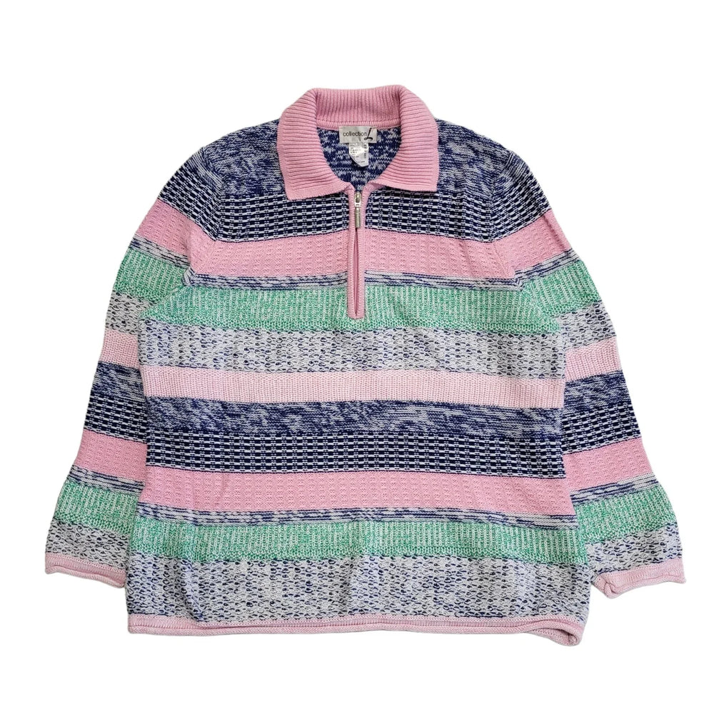 Collection L Pink Blue Striped Collared 1/4 Zip Knit Jumper Women's UK 18 H230