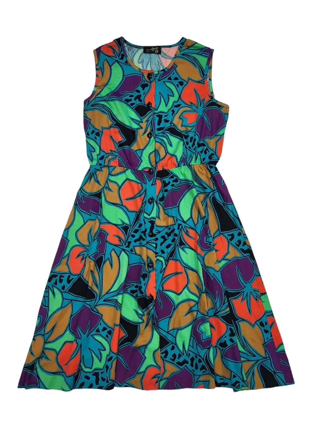 Jean Girard 80s Vintage Buttoned Fit & Flare Sleeveless Daywear Dress Women's 14