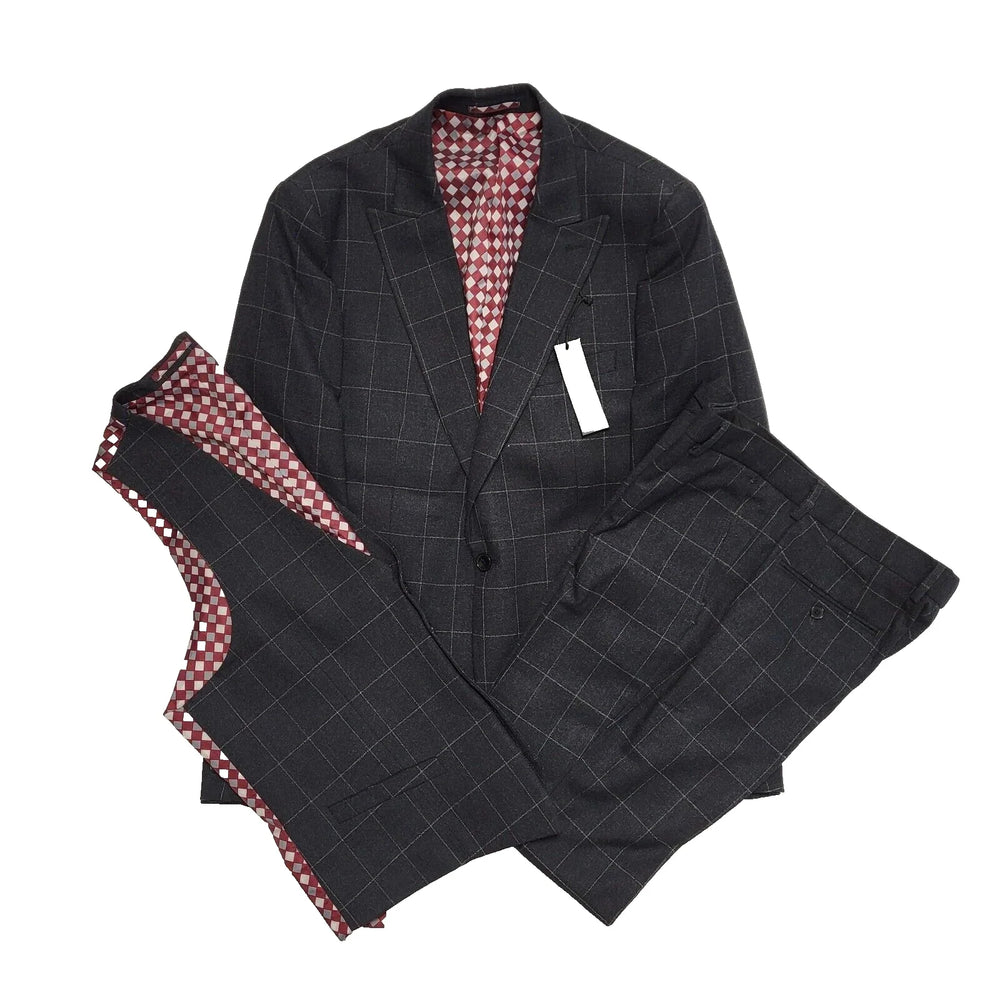 Rudie Dark Grey Check London 3 Piece Suit Uk Men's Size L W34 L33 L86