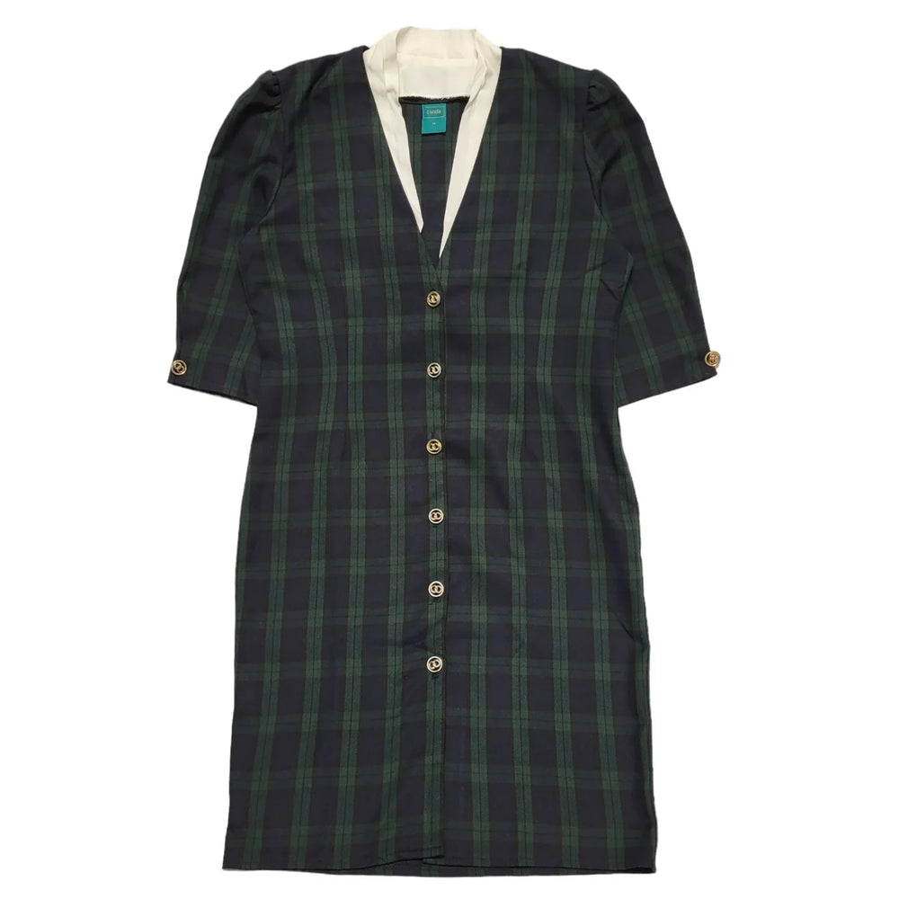 Canda Vintage 70s Blue Green Check 3/4 Sleeve Dress Uk Women's Size 14 W32