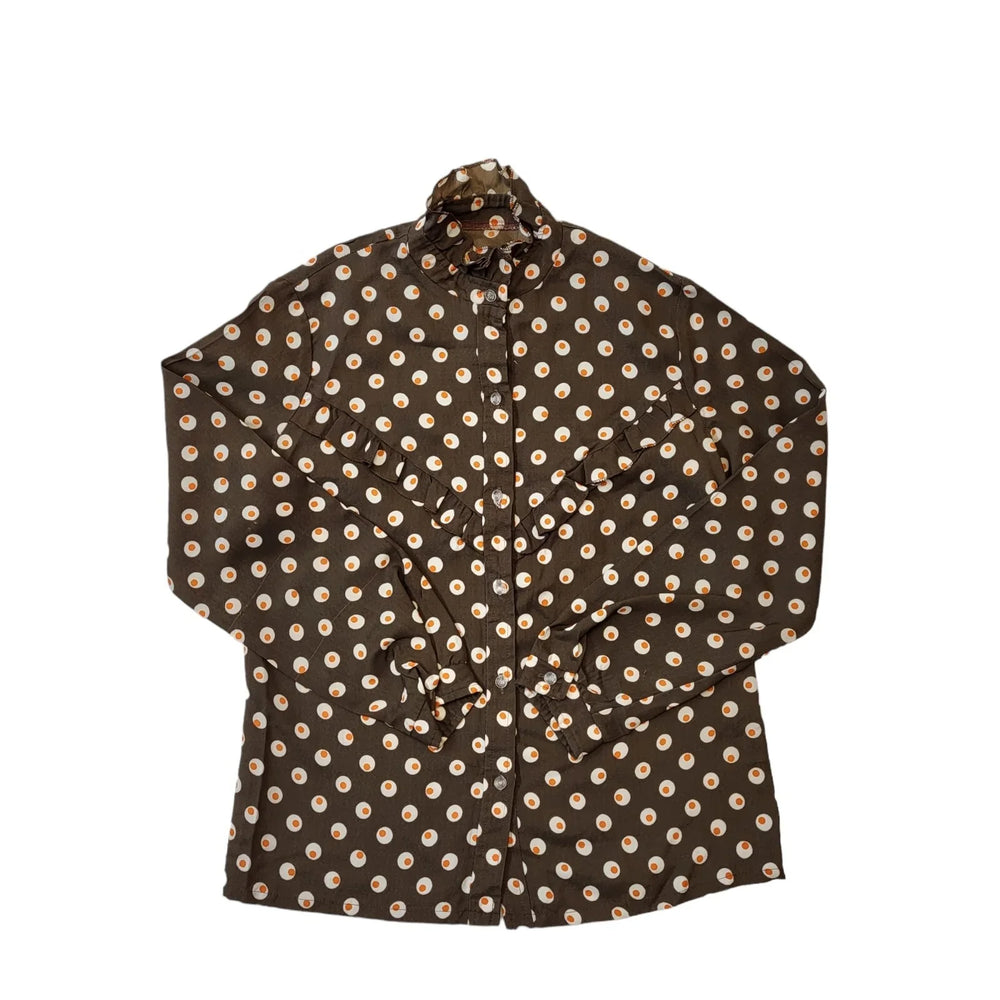 70s Vintage Brown Print Blouse Women's Size Medium 10-12