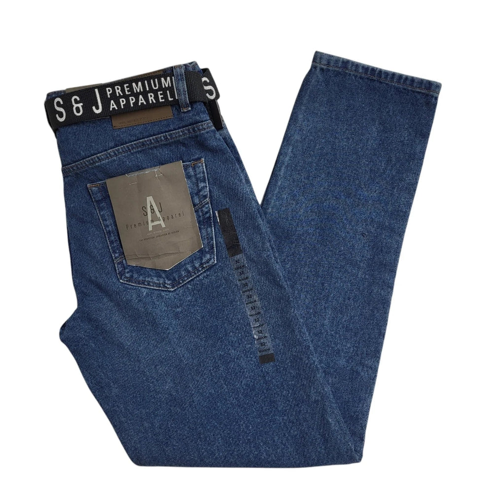 S&J Blue Belted Tapered Leg Jeans Men's UK Size M W32 L32 BNWT EE730