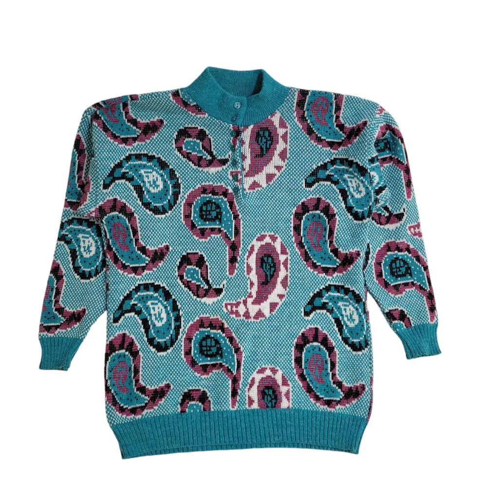 Label Vintage 90's Blue Paisley 1/4 Button Jumper UK Women's Size 14