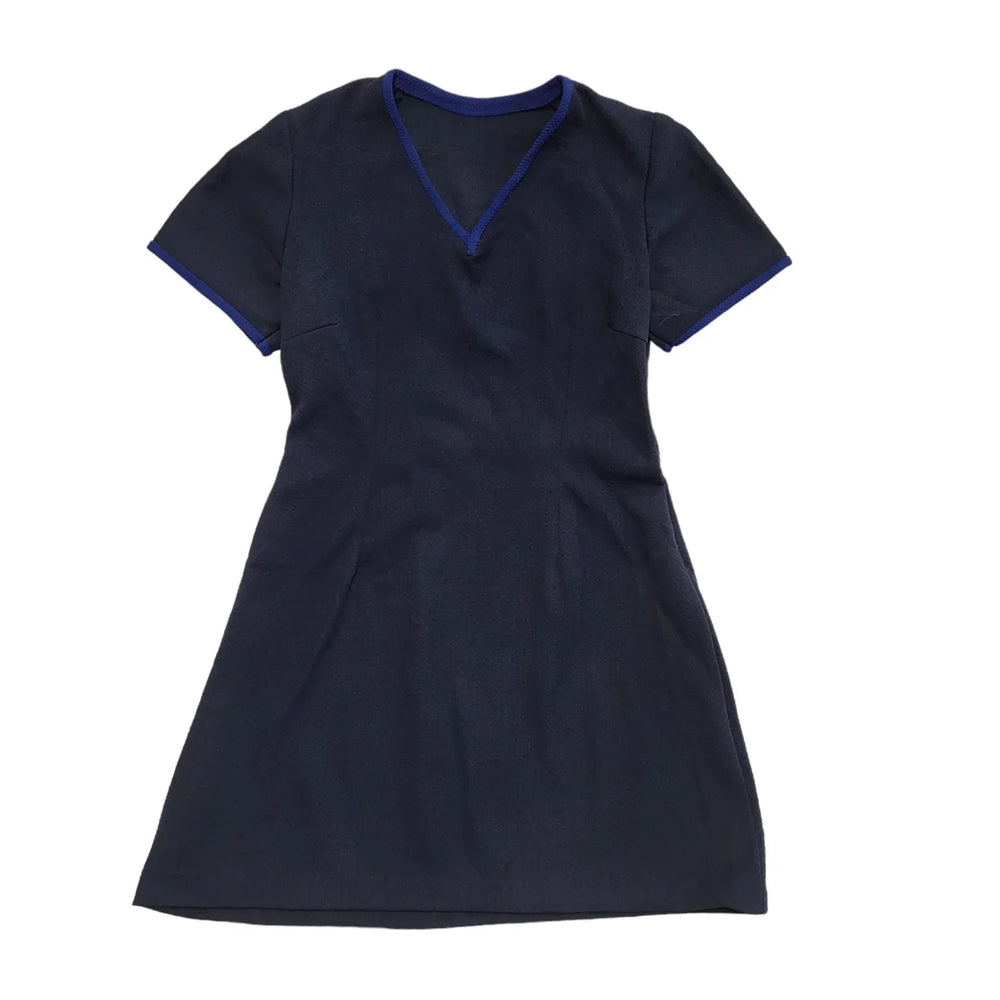 70s Vintage Navy Blue V-Neck Short Sleeve Mini Dress Women's 10