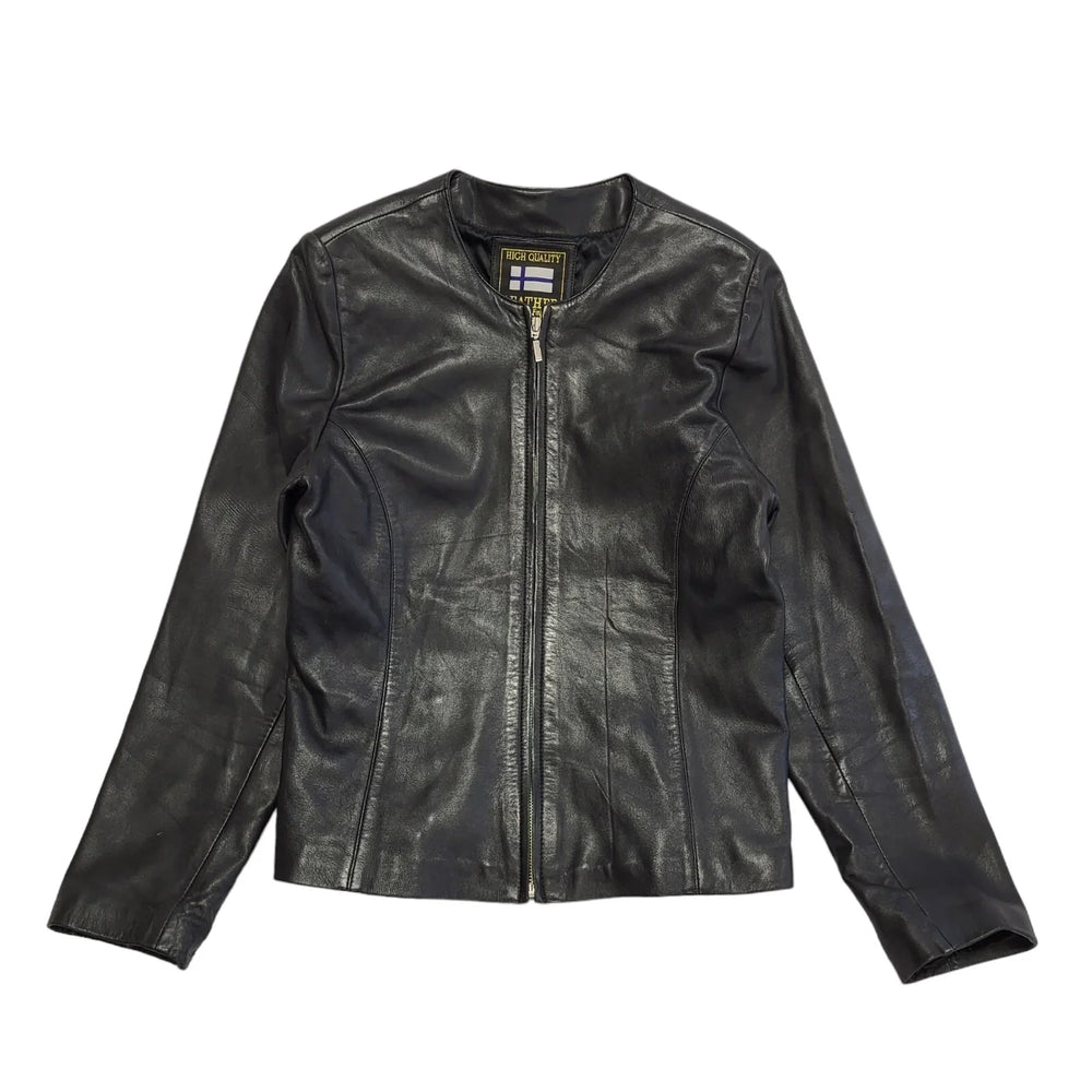 Real Leather Black 90s Vintage Zipped Leather Jacket Uk Women's Size 12