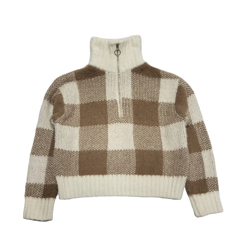 Jessica Simpson 1/4 Zip Jumper Brown & White Checked Womens UK S BB545