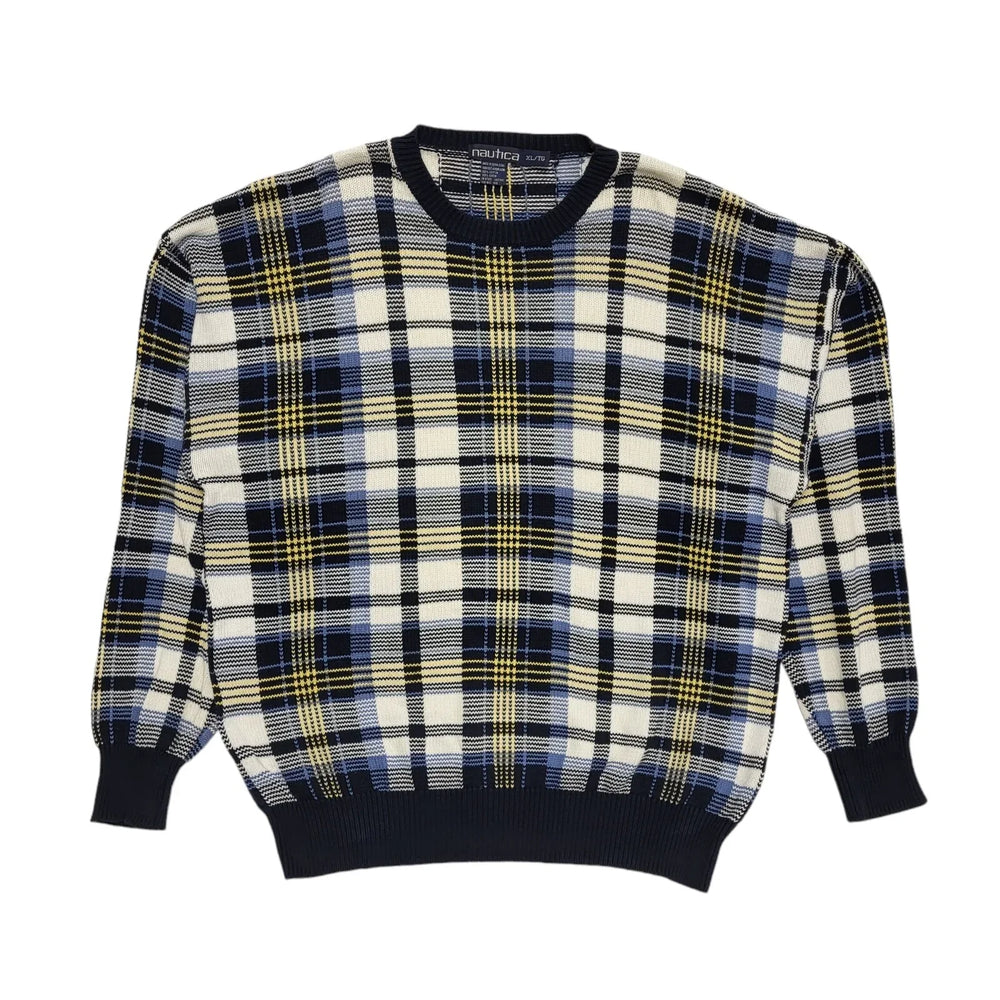 Nautica Vintage 90s Blue & White Check Crew Neck Jumper Uk Men's Size XL